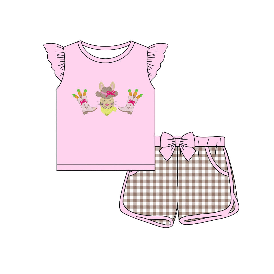 Baby Girl Short Sleeves Rabbit Boots Carrot Pink Shirt Plaid Shorts Easter Clothes Set Moq 5