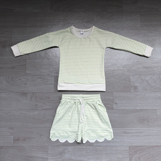 ( No moq ) Preorder Baby Girls Kids Long Sleeves Green Stripes Shirt Scallop Shorts Set Yoga Active Clothes