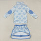 Baby Girl Long Sleeves Blue Flower Plaid Zipper Shirt Skort Yoga Active Clothes Set RTS