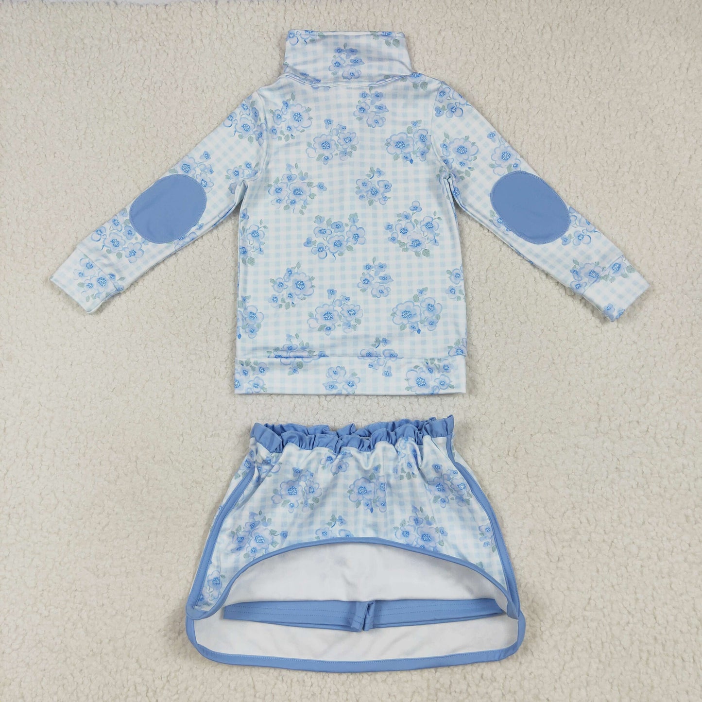 Baby Girl Long Sleeves Blue Flower Plaid Zipper Shirt Skort Yoga Active Clothes Set RTS