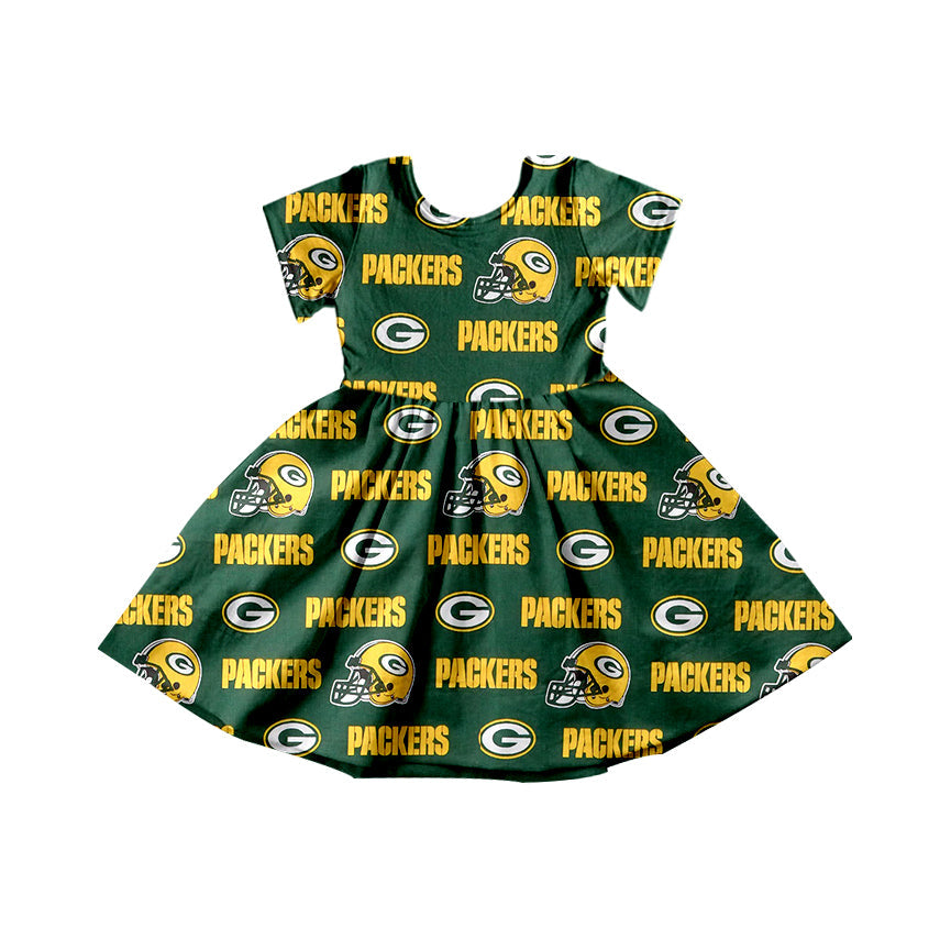 Baby Girl Short Sleeves Team Football Knee Length Green Dress Moq 5