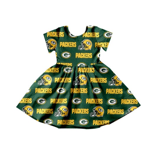Baby Girl Short Sleeves Team Football Knee Length Green Dress Moq 5