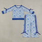 Baby Girls Kids Long Sleeves Flower Blue Bows Shirt Pockets Pants Set Clothes RTS