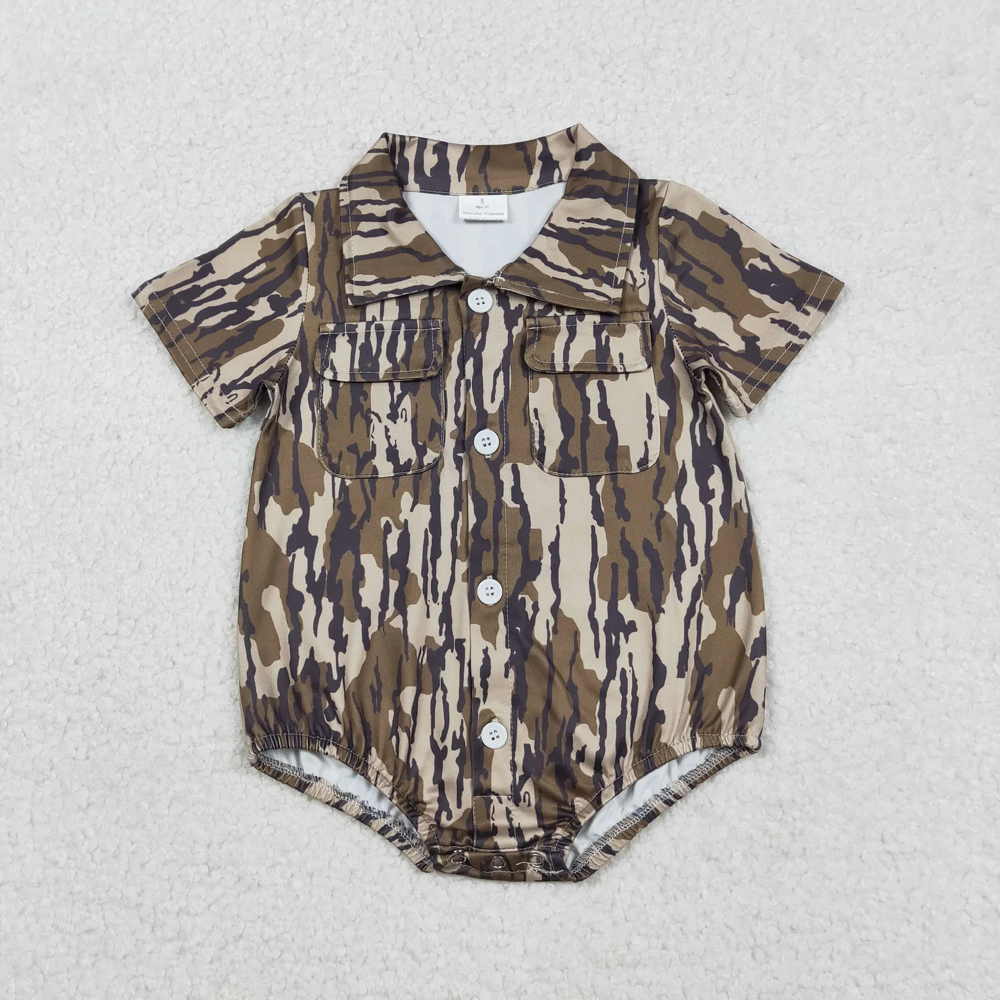 Sibling Baby Boys Infant Short Sleeves Camo Print Pockets Buttons Hunting Bubble Rompers RTS