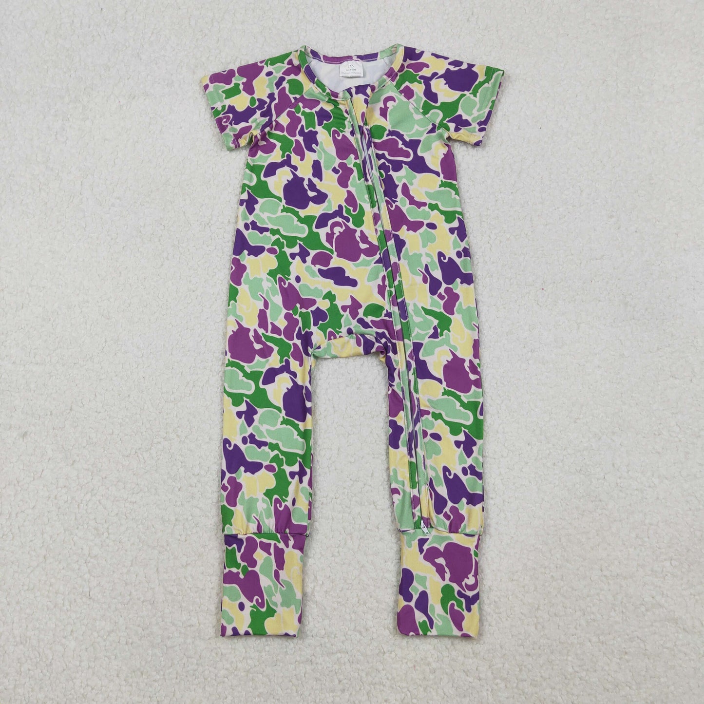 Kids Toddler Short Sleeves Mardi Gras Camo Zipper Romper RTS