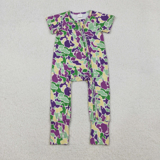 Kids Toddler Short Sleeves Mardi Gras Camo Zipper Romper RTS
