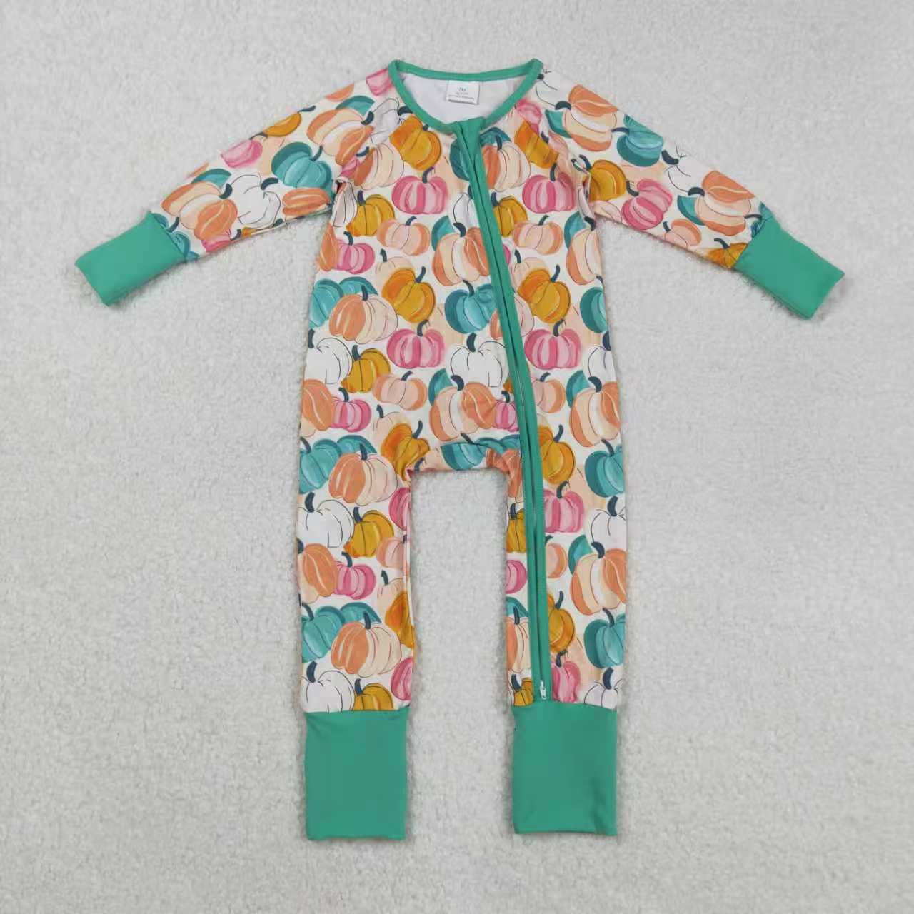 Sibling Girls Kids Long Sleeves Pumpkins Fall Zipper Footie Romper Dress Pajamas Set RTS