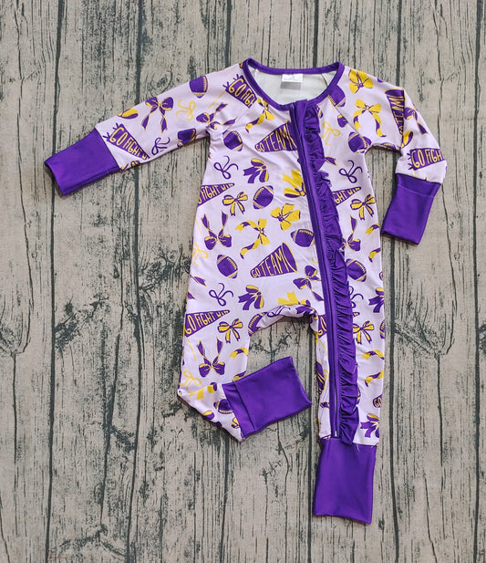 ( No moq ) Preorder Baby Girl Long Sleeves Football Bows Team Cheer Purple Zipper Romper
