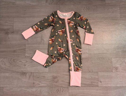 ( No moq ) Preorder Baby Girls Infant Long Sleeves Ducks Bows Flower Zipper Footie Sleeper Romper Clothes