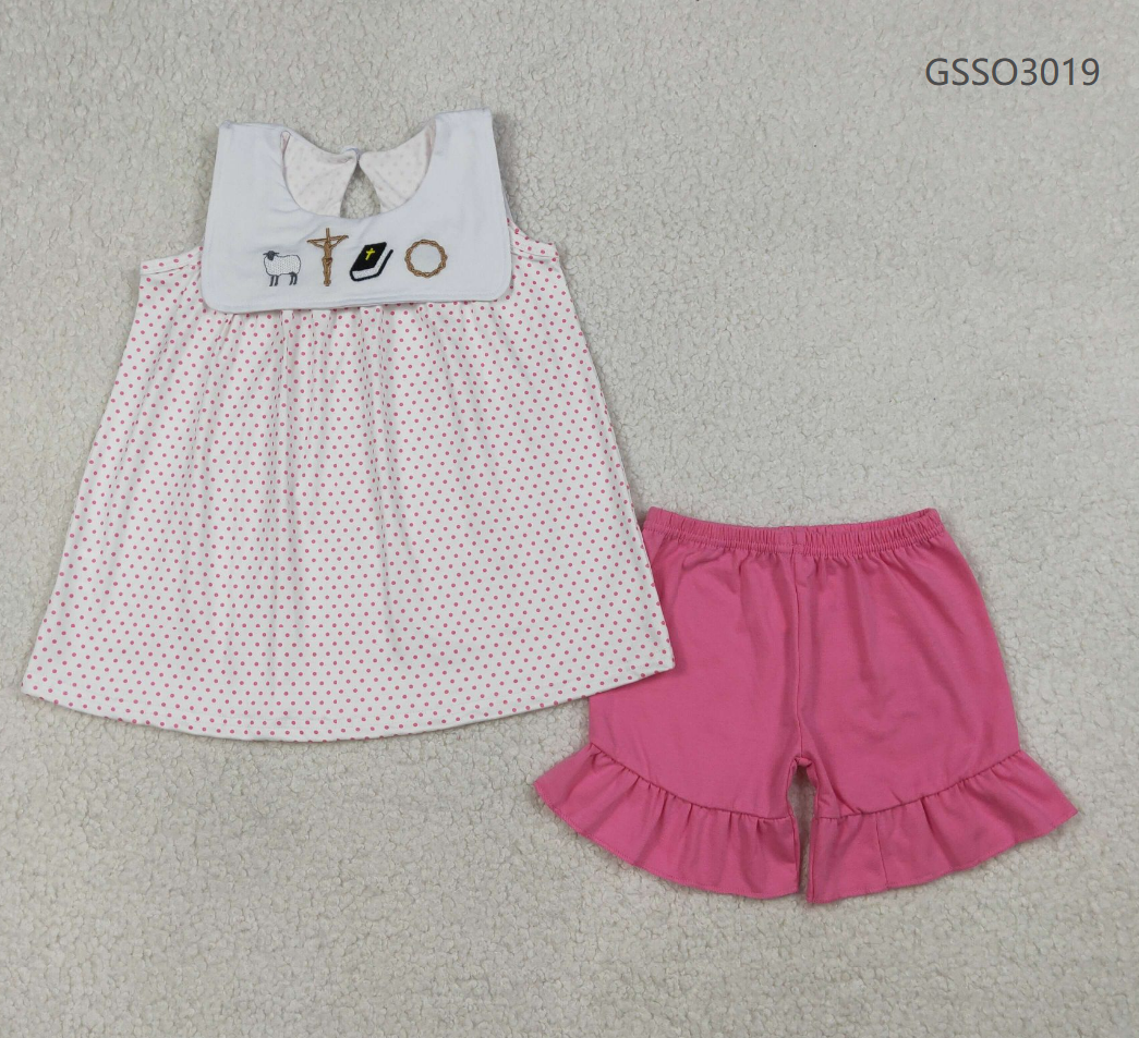Baby Girls Kids Sleeveless Embroidery Cross Dots Tunic Pink Shorts Easter Set RTS
