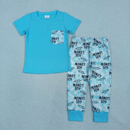 Kids Boys Short Sleeves Blue Shirt Mama's Boy Pants Set RTS