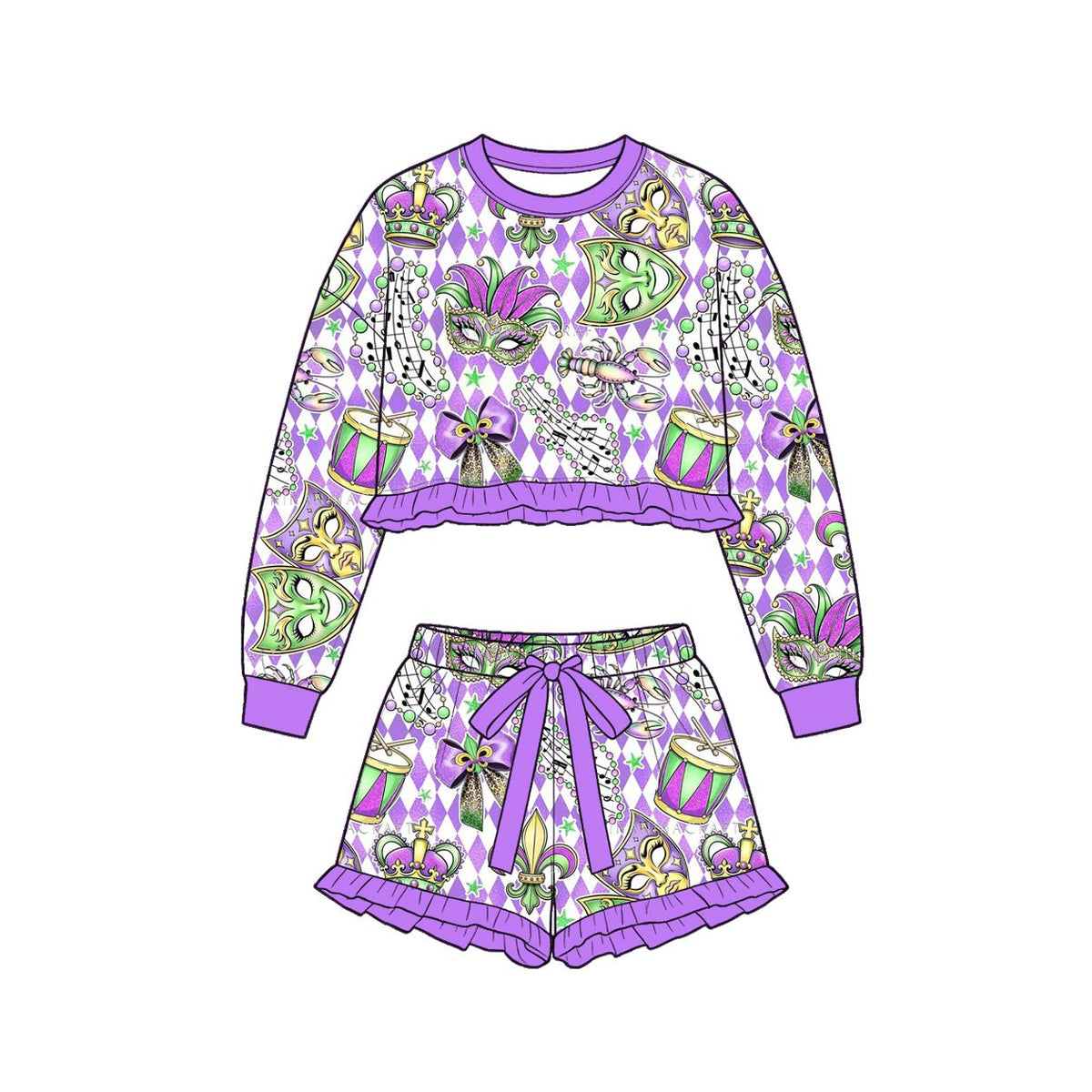 ( Moq 5 ) Preorder Baby Girls Kids Long Sleeves Masks Plaid Shirt Shorts Set Mardi Gras Clothes