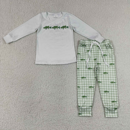 Sibling Baby Boys Infant Long Sleeves Fish Green Plaid Rompers Set Clothes RTS