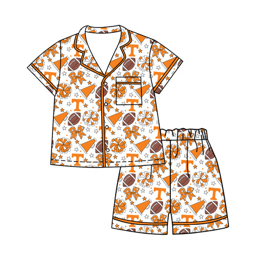 ( Moq 5 ) Baby Girls Kids Short Sleeves Orange Bows Cheer Football Shirt Shorts Pajamas Set