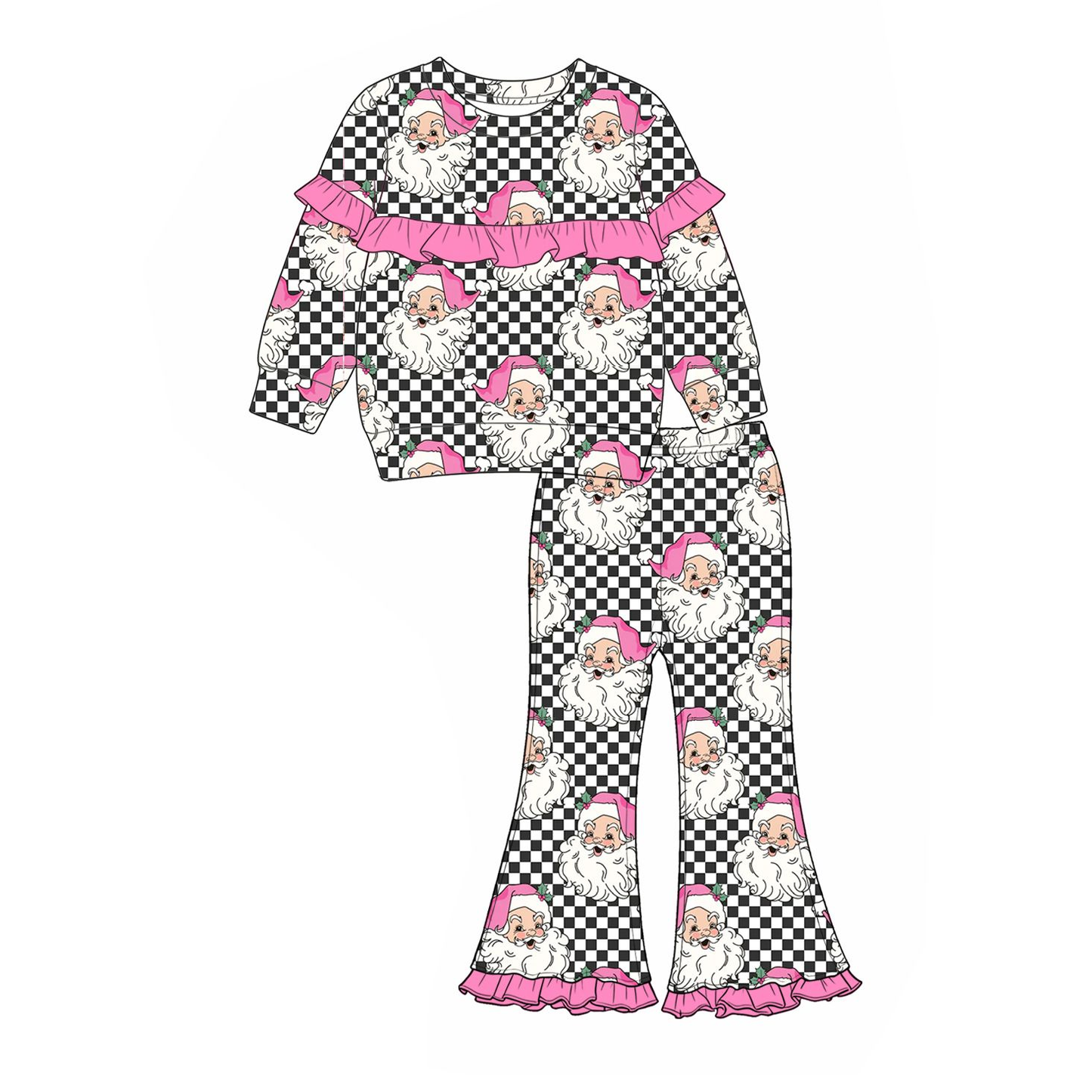 ( Moq 5 ) Preorder Baby Girls Kids Christmas Santa Checked Shirt Bell Pants Set Clothes
