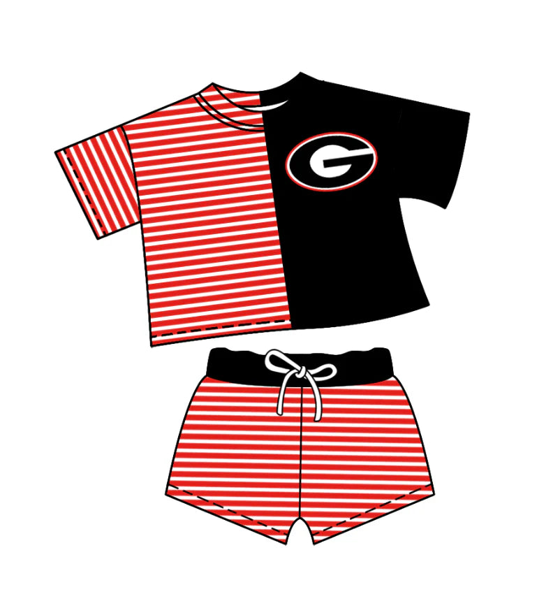 ( Moq 5 ) Baby Girls Short Sleeves G Shirt Red Stripes Shorts Team Clothes Set