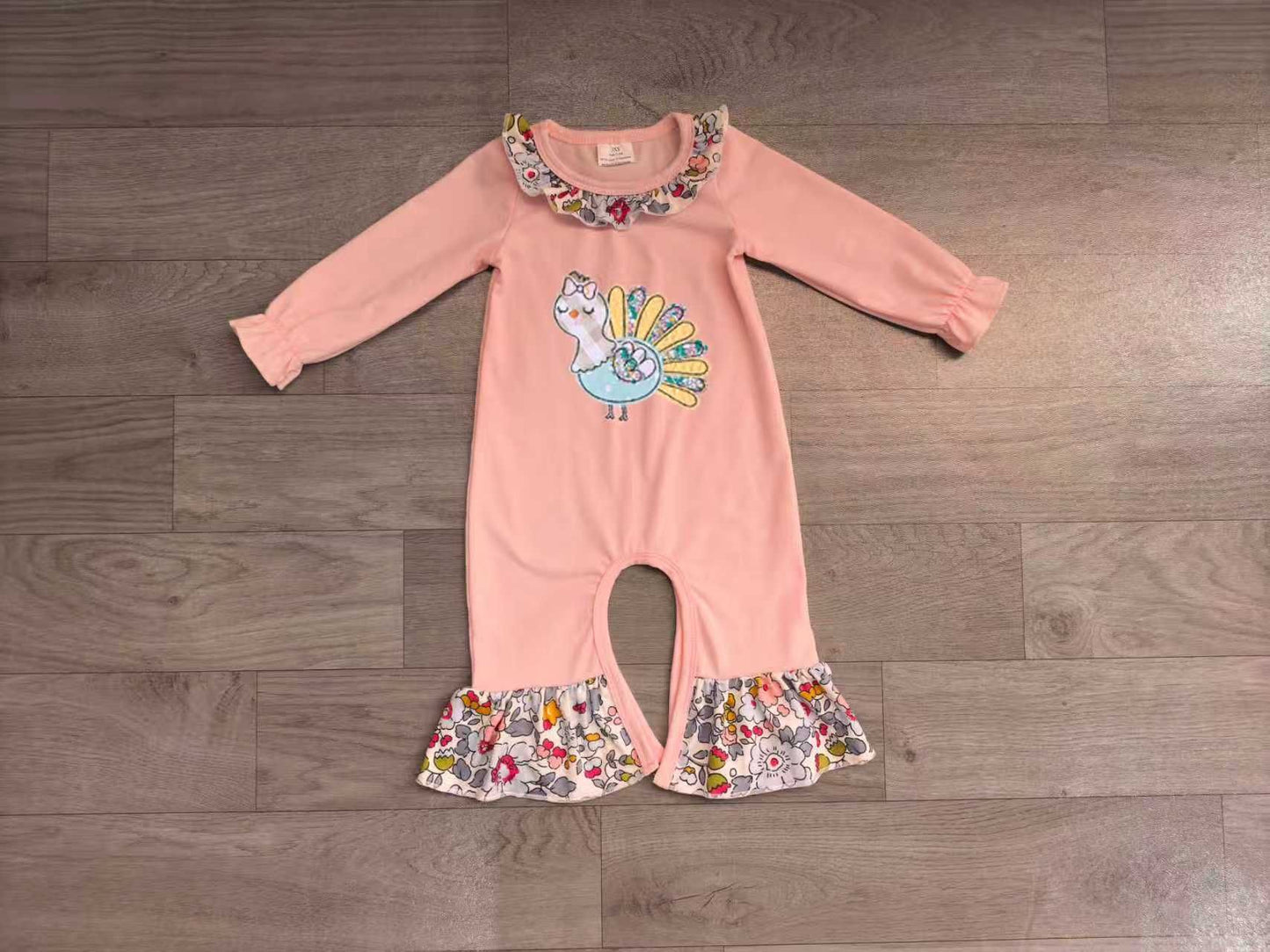 ( No moq ) Preorder Baby Girls Infant Embroidery turkey Flower Thanksgiving Romper Pink Clothes