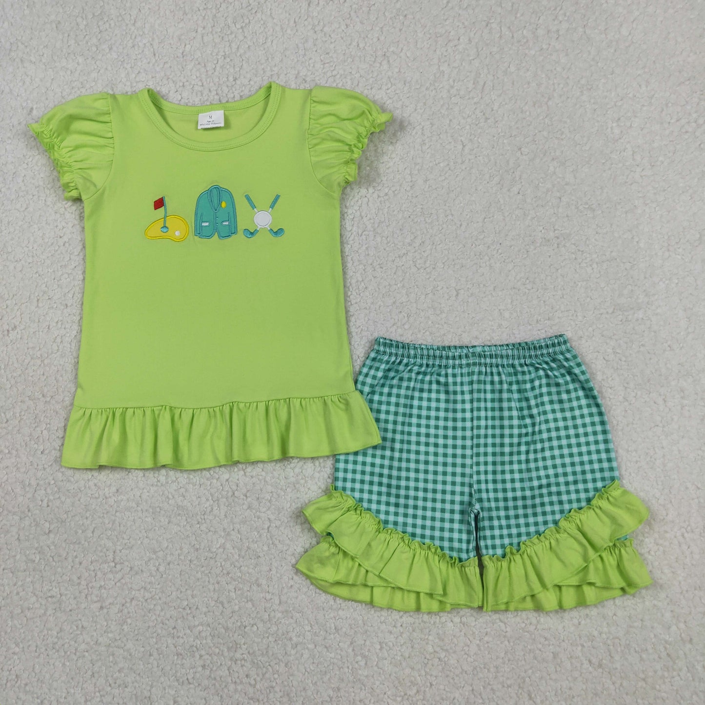 Baby Girls Kids Short Sleeves Embroidery Golf Shirt Green Checked Ruffle Shorts Clothes Set RTS