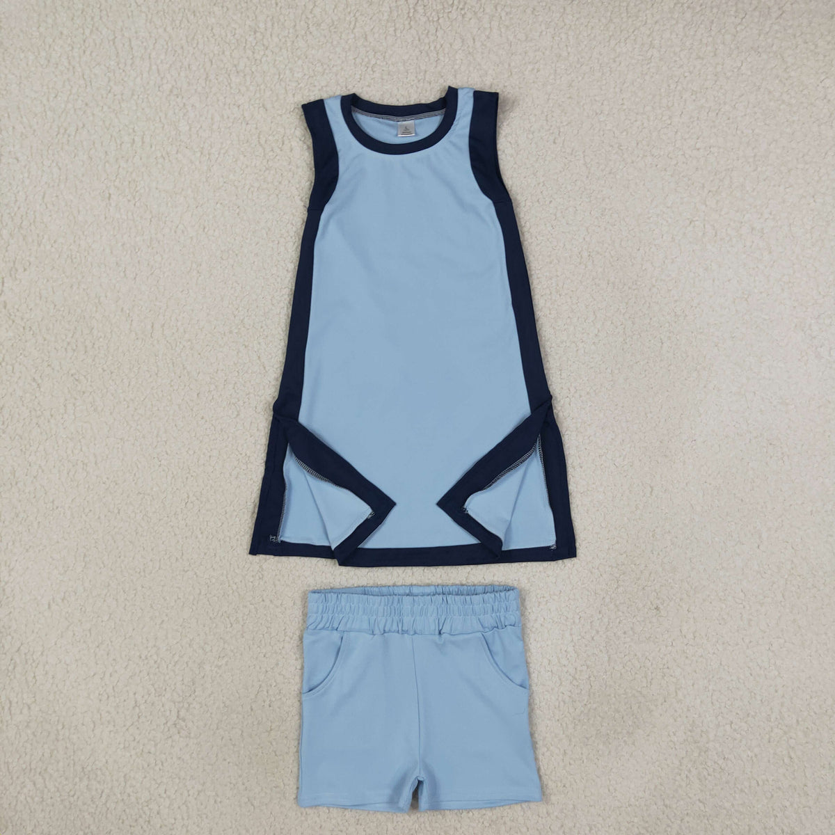 Baby Girls Kids Sleeveless Tops Blue Pockets Shorts Set Yoga Active Clothes RTS