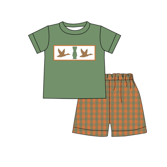 Baby Boy Green Short Sleeves Duck Call Hunting Shirt Plaid Shorts Clothes Set Moq 5