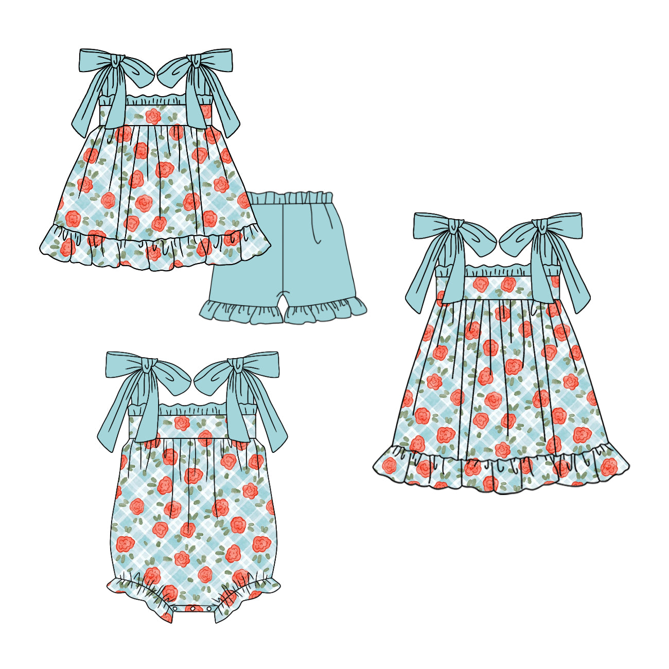 ( Moq 5 Each Style ) Sibling Baby Girls Kids Flower Plaid Blue Romper Dress Set Summer Clothes