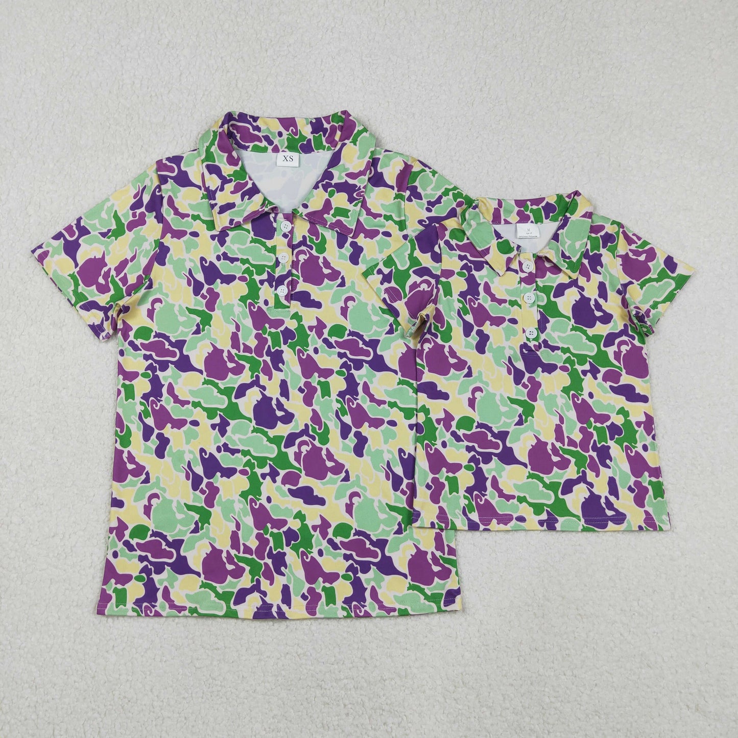 Sibling Baby Girls Adult Men Short Sleeves Mardi Gras Buttons Camo Shirts Tops RTS