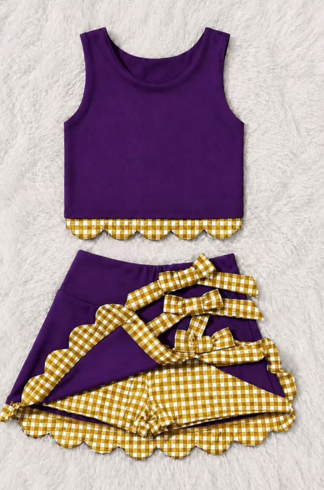 ( Moq 5 ) Preorder Baby Girls Kids Purple Vest Plaid Bows Scallop Bows Skirt Shorts Yoga Active Set Clothes
