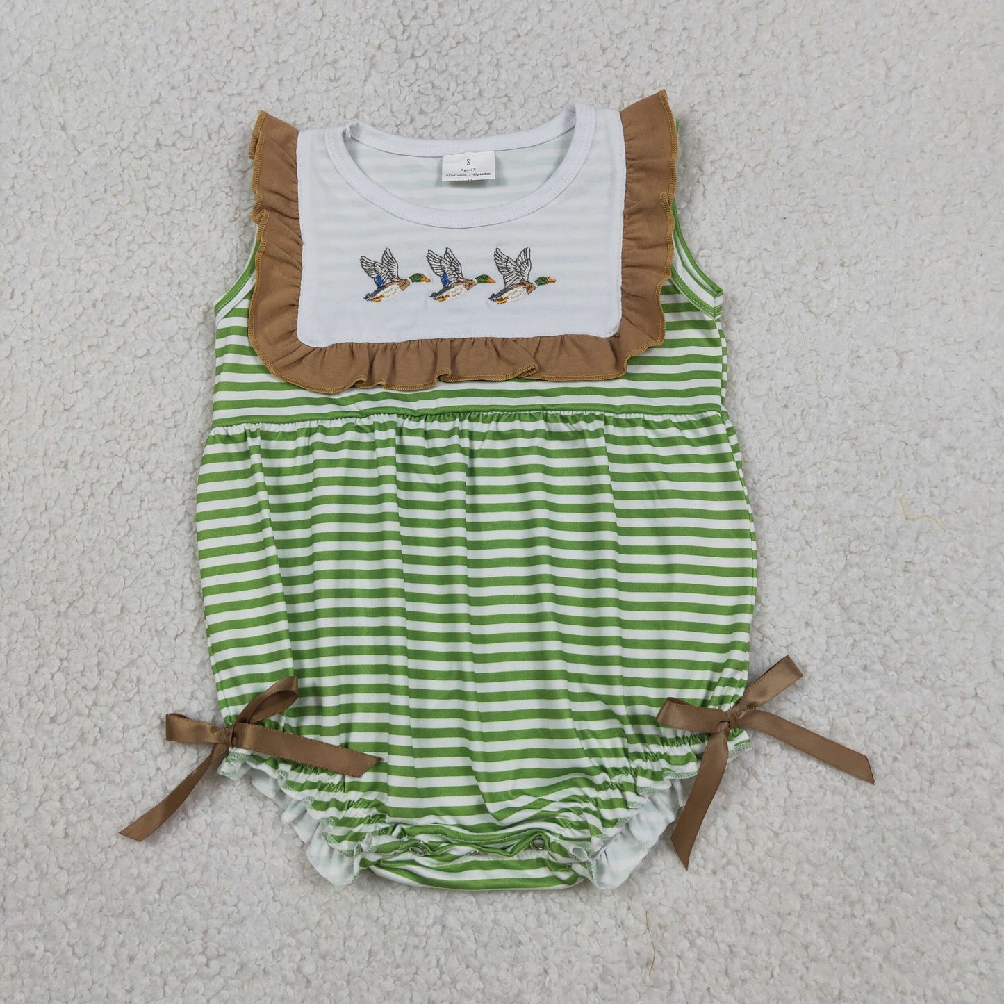 Sibling Baby Boys Girls Embroidery Ducks Green Stripes Rompers Sets Summer Clothes RTS