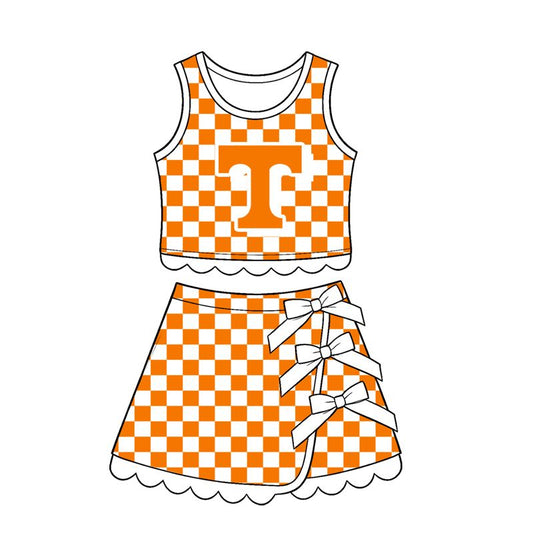 ( Moq 5 ) Preorder Baby Girls Kids Orange Checked Shirt Scallop Bows Skirt Shorts Team Set Yoga Active Clothes