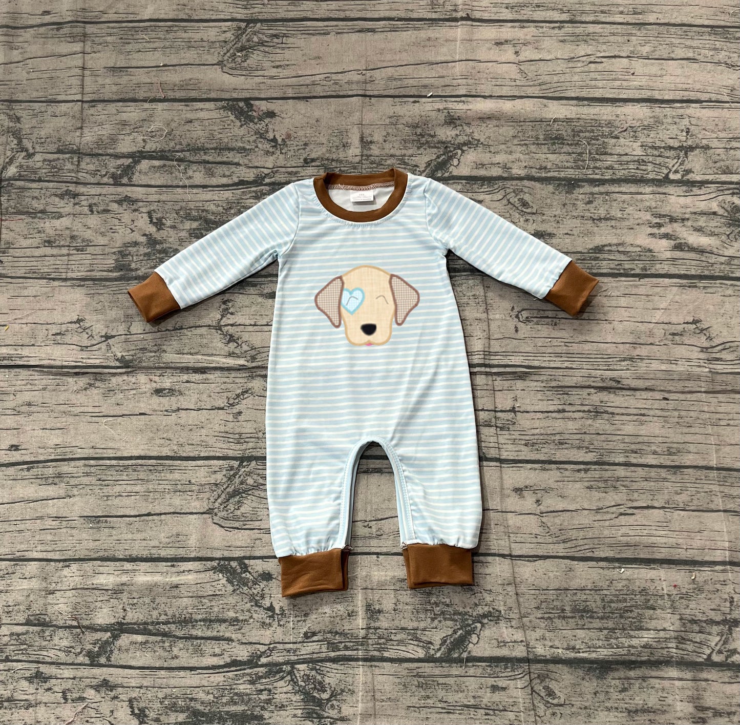 ( Moq 5 ) Preorder Boys Infant Embroidery Dog Heart Blue Stripes Valentine's Day Romper