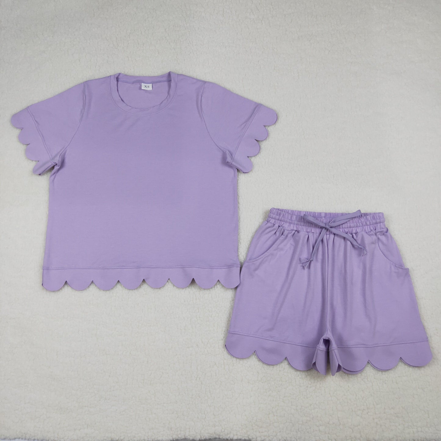 Adult Women Purple Short Sleeves Scallop Shirt Shorts Pajamas Clothes Set RTS