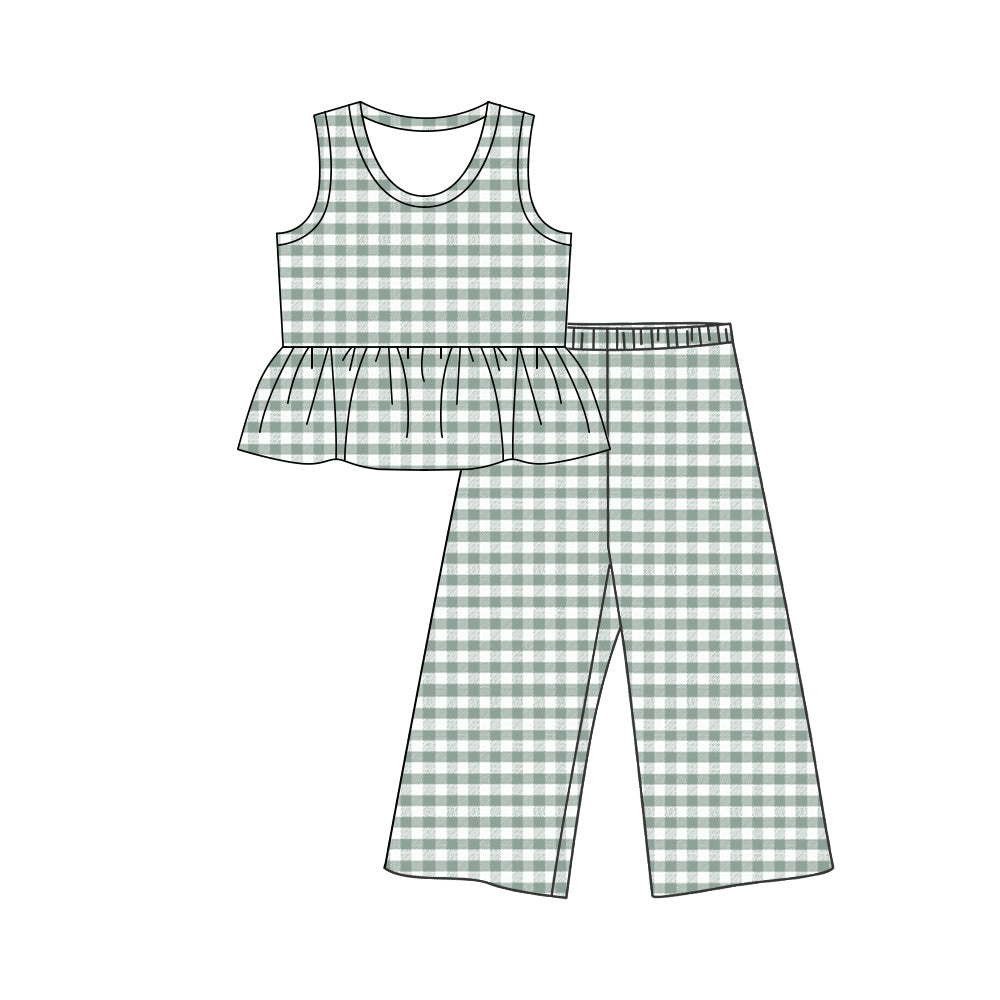 ( Moq 5 ) Preorder Baby Girls Kids Sleeveless Green Plaid Ruffle Tops Pants Set Clothes