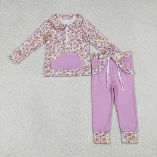 Baby Girls Long Sleeves Flower Zipper Shirt Pockets Purple Pants Clothes Set RTS