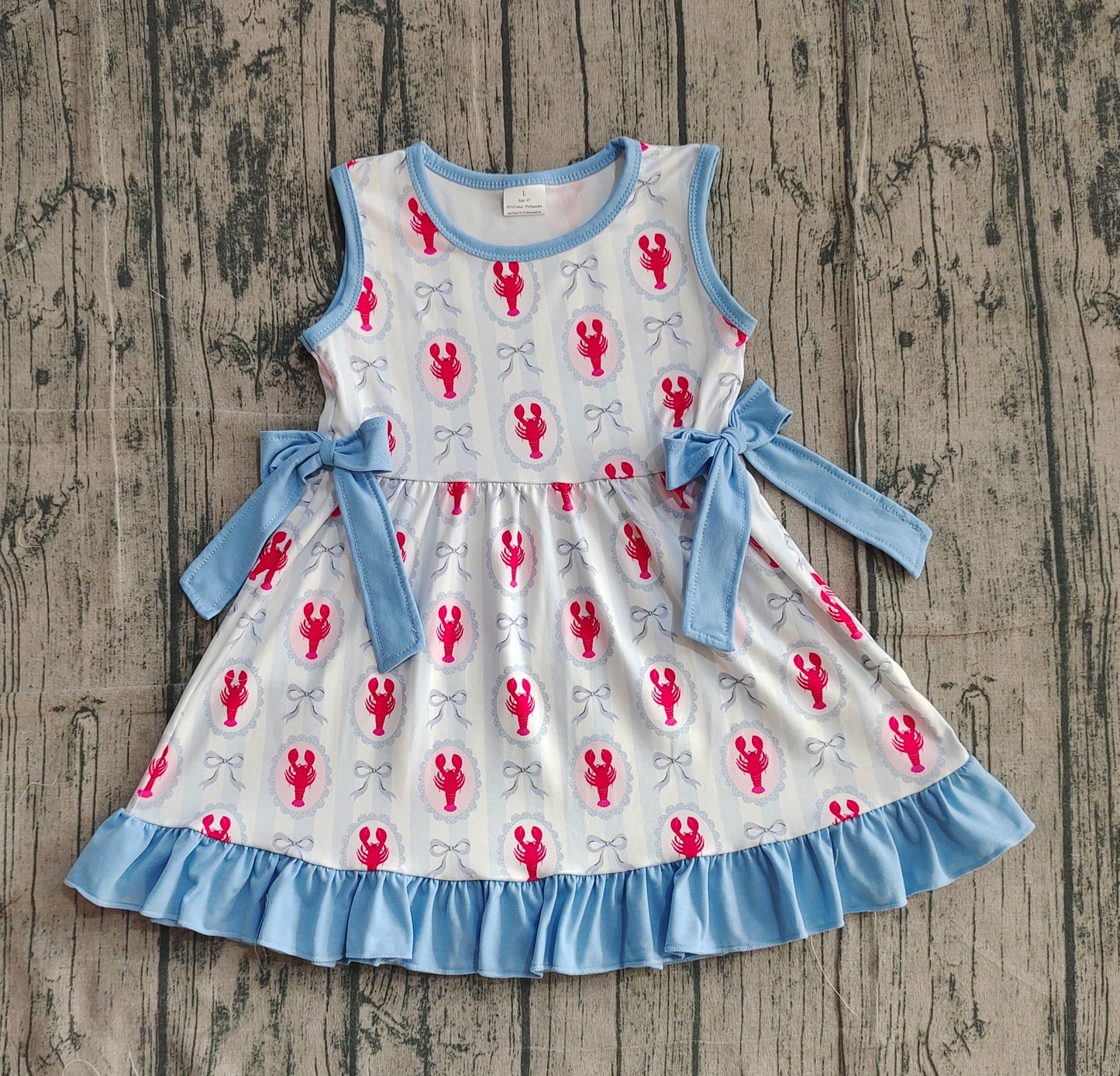 Baby Girls Sleeveless Crawfish Bows Stripes Blue Ruffle Knee Length Dress RTS