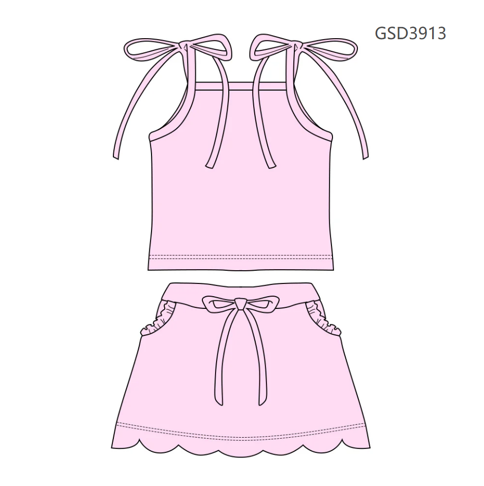 ( Moq 5 ) Preorder Baby Girls Straps Light Pink Tops Pockets Scallop Skirt Shorts Set Clothes
