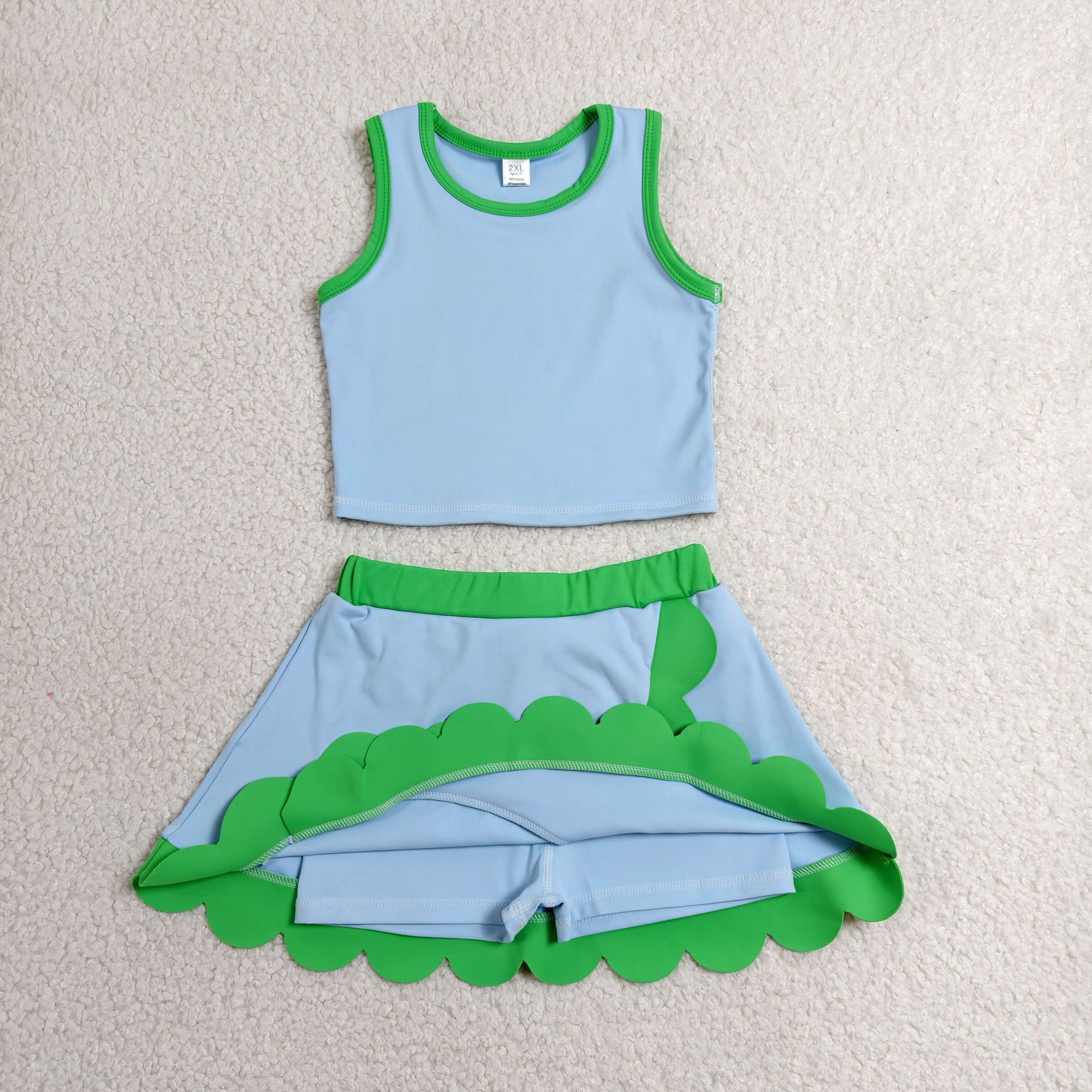 Baby Girls Kids Shirt Scallop Skirt Shorts Yoga Active Blue Green Set Clothes RTS