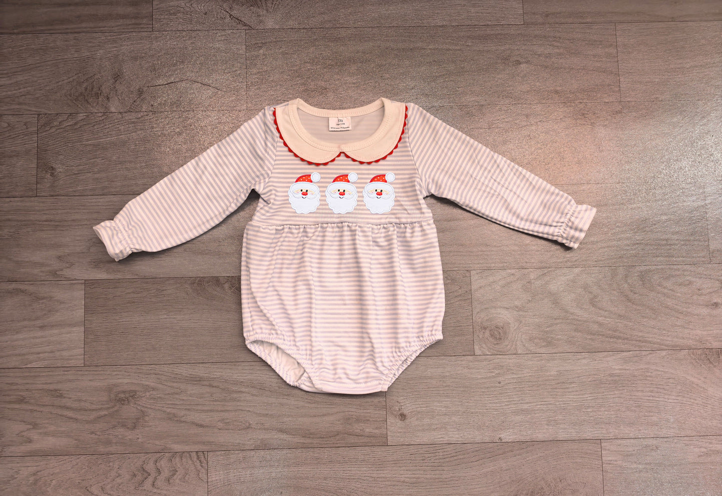 ( No moq ) Preorder Baby Girl Kids Embroidery Christmas Santa Stripes Bubble Romper Clothes