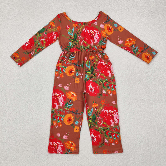 Baby Girl Long Sleeves Flower Fall Pocket Pocket Buttons Jumpsuit