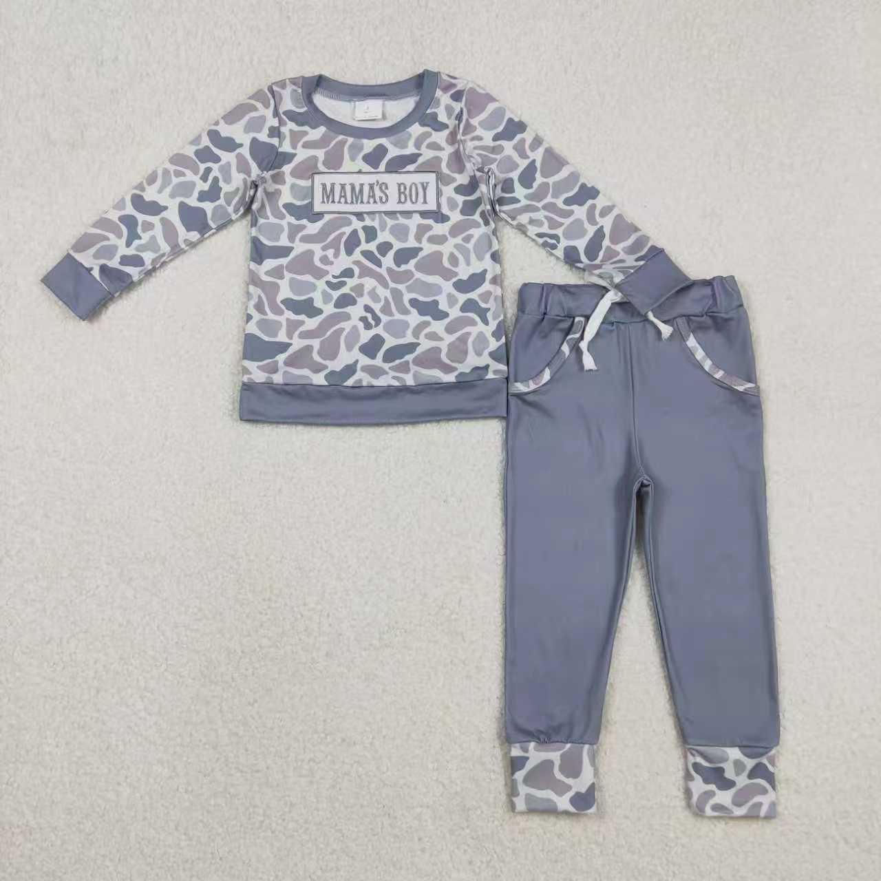 Sibling Baby Boys Kids Embroidery Mama's Boy Camo Grey Romper Clothes Set RTS