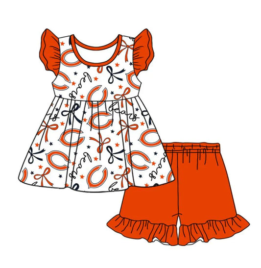 Baby Girl Short Sleeves Team Bows Tunic Orange Shorts Clothes Set ( Moq 5 )