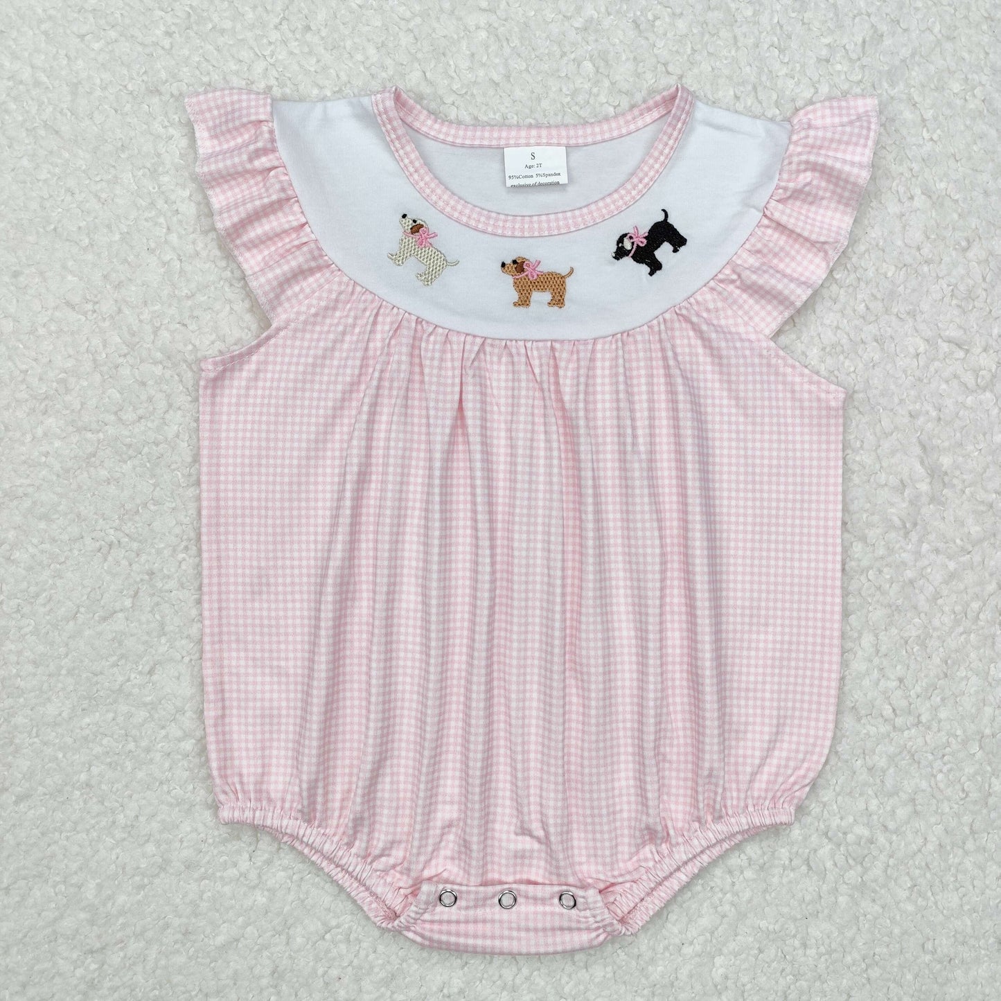 Baby Girl Infant Short Sleeves Embroidery Dogs Pink Plaid Bubble Romper