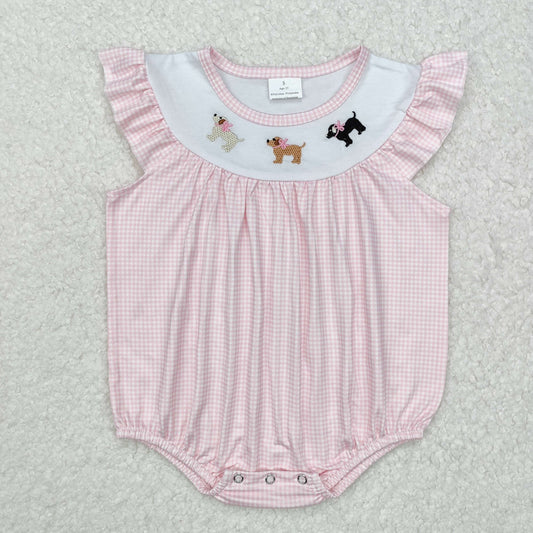 Baby Girl Infant Short Sleeves Embroidery Dogs Pink Plaid Bubble Romper