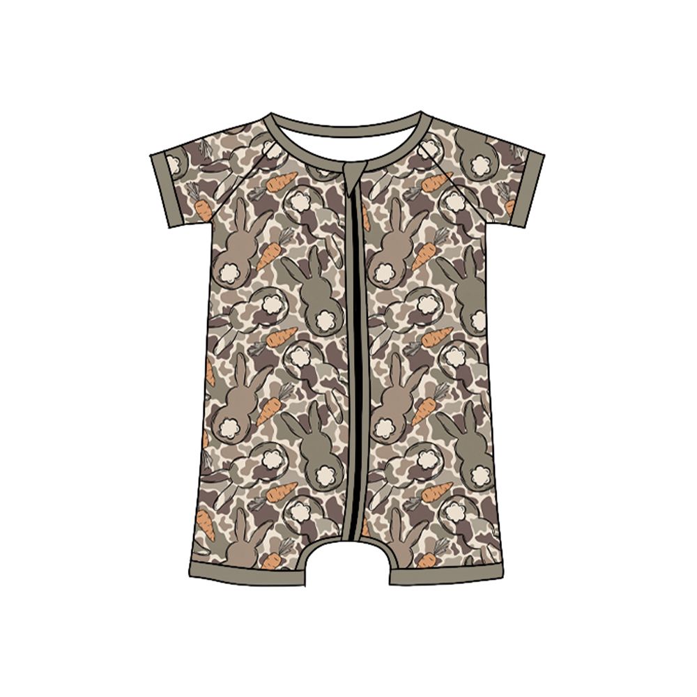 ( Moq 5 ) Preorder Baby Boys Infant Rabbits Carrots Camo Easter Zipper Romper Clothes