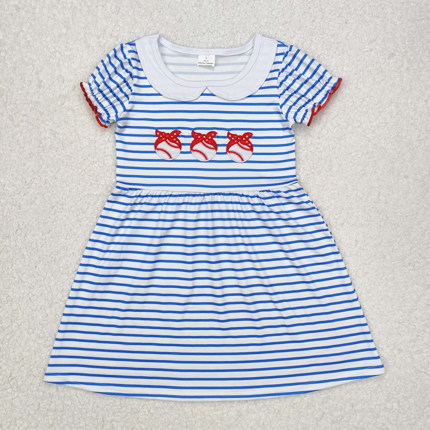 Baby Girl Short Sleeves Blue Stripes Embroidery Baseball Bows Knee Length Dress