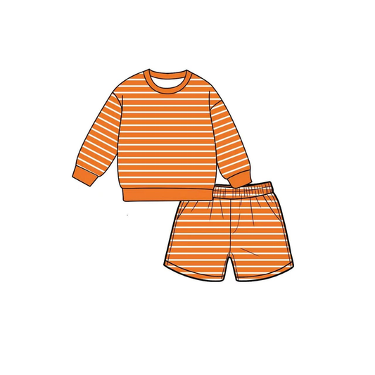 ( Moq 5 ) Preorder Baby Girls Kids Long Sleeves Shirt Shorts Orange Stripes Set Yoga Active Clothes