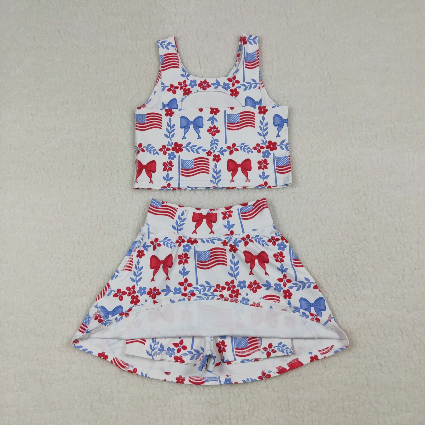 Baby Girls Flags Bows Flowers Tops Skirt Shorts 4th of July Set Yoga Clothes RTS