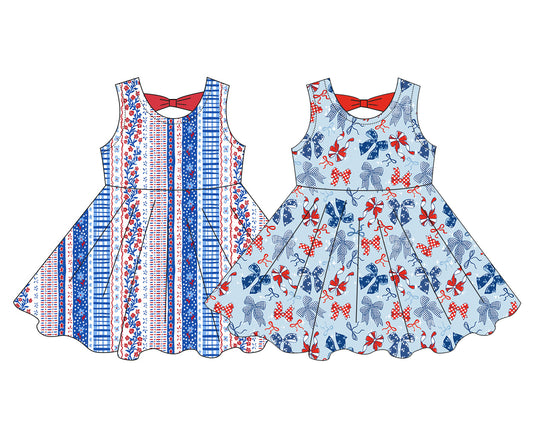 ( Moq 5 Each Style ) Sibling Baby Girls Kids Sleeveless Flower Bows 4th of July Knee Length Dresses