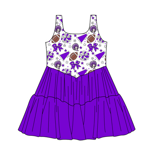 ( Moq 5 ) Baby Girls Toddler Cheer Football Purple Bows Ruffle Dress Team Clothes