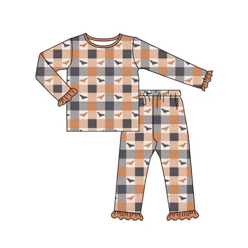 ( Moq 5 ) Preorder Baby Girls Kids Bats Plaid Shirt Pants Halloween Set Pajamas Clothes
