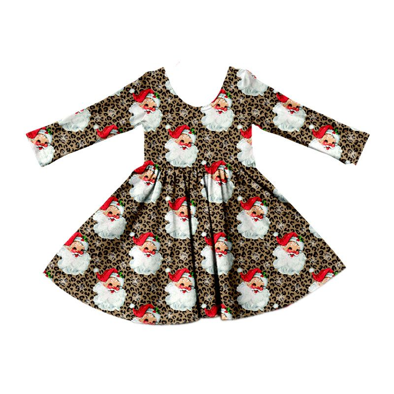 ( Moq 5 ) Preorder Baby Girls Long Sleeves Santa Leopard Christmas Ruffle Dress Clothes